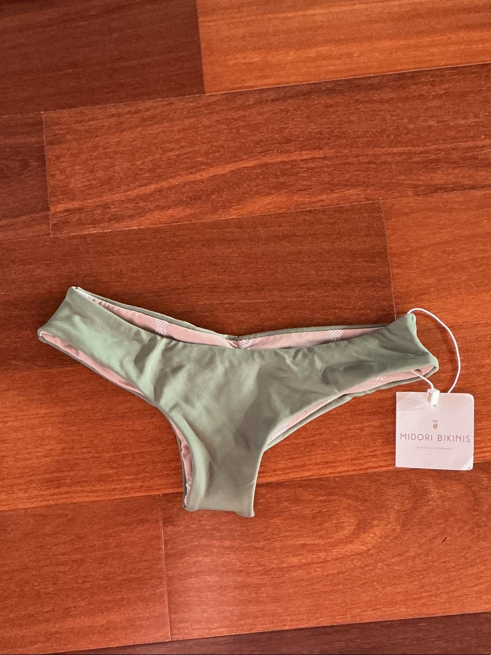 Midori Olive Green Bikini Bottom with Light Pink Lining